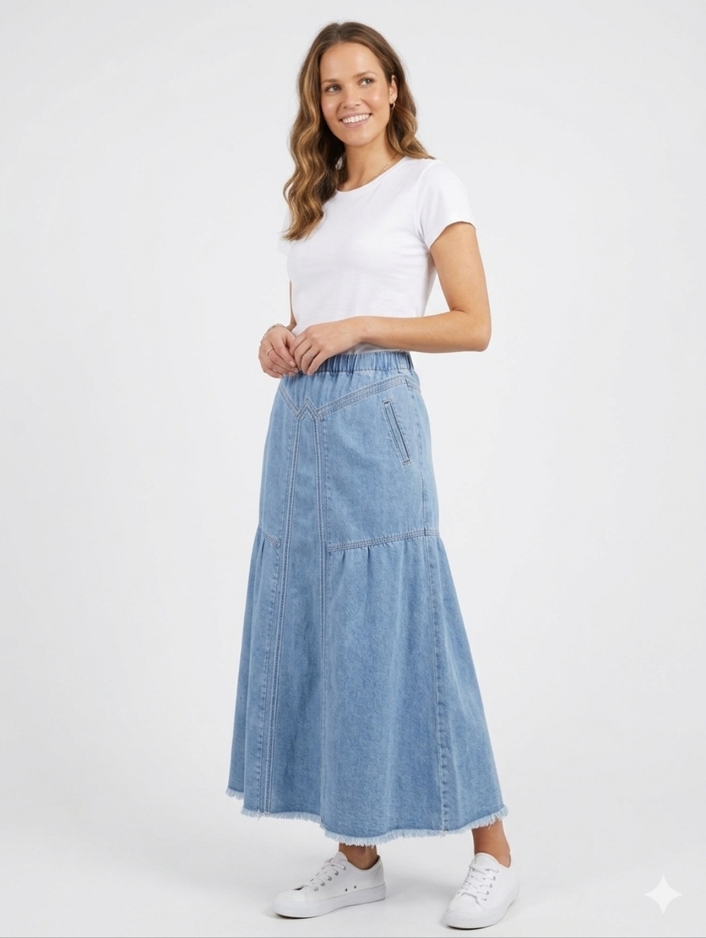 Ebossy Western Style Denim Maxi Skirt Raw Hem With Pockets Fairy Grunge Sz XL